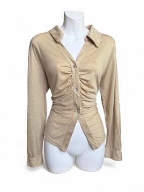 MOTF Beige Ruched Button-Down Shirt
